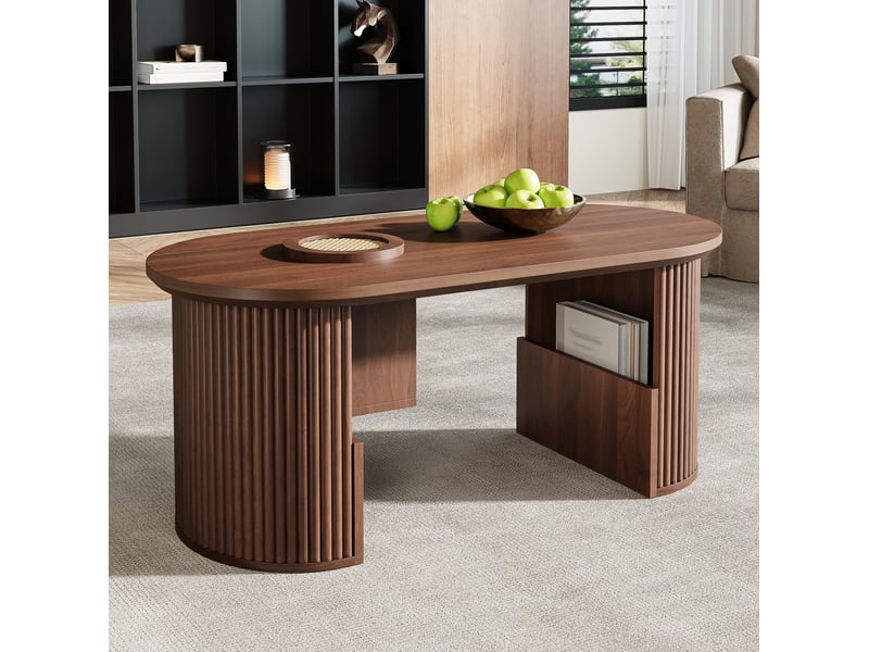  Table basse ovale 105x50x46,5 cm en mdf coloris noyer avec rangements  - Conforama D