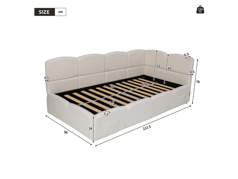  Lit banquette 90 x 200 cm avec coffre hydraulique, port usb et type-c, poches de rangement latérales, bouclé beige  - Conforama C