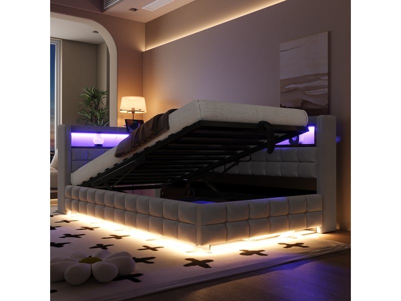  Lit banquette enfant coffre 90 x 200 cm avec led, usb, usb-c, prise et étagères, velours gris clair Fay Lum - Conforama E