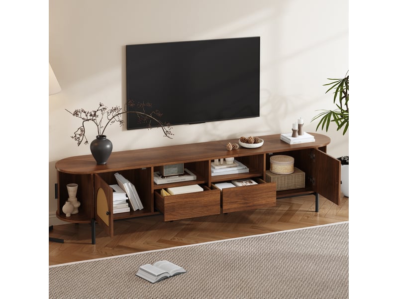  Meuble tv modenvie ovale 200 x 40 x 49,5 cm mdf noyer portes en rotin et rangement  - Conforama D
