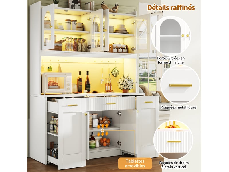 Colonne de cuisine avec vitrines en verre, led rgb et tablettes coulissantes, pour cuisine, mdf blanc, 120 × 40 × 187 cm  - Conforama E