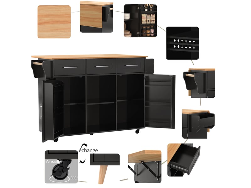 Desserte de cuisine 139 x 46 x 91,5 cm noir et naturel mdf, plateau rabattable et rangements sur roulettes - Conforama E
