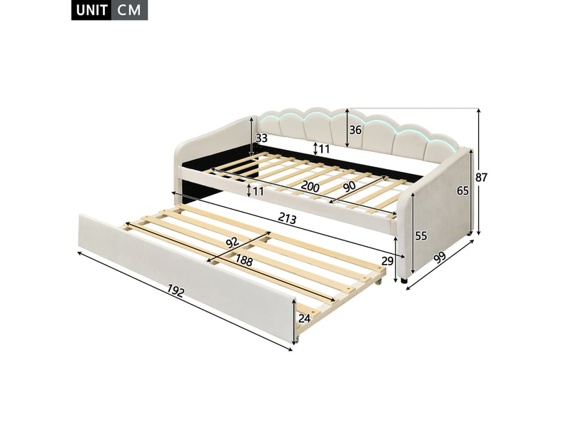  Lit gigogne 90x200 avec éclairage led, lit banquette velours beige pour chambre d'amis  - Conforama C