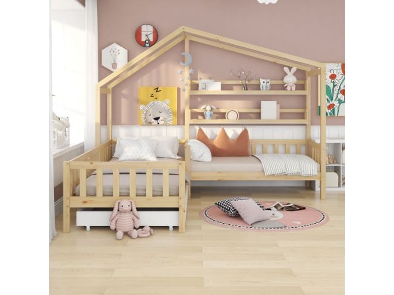  Lit cabane 90x200 cm, lit double avec tiroirs et étagères, cadre en l, en pin, couleur naturel, sans matelas  - Conforama C