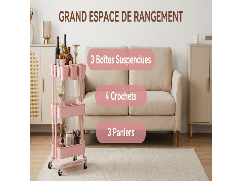  Desserte à roulettes à 3 niveaux avec 4 crochets et 3 boîtes rose 42 x 38 x 86,5 cm  - Conforama D