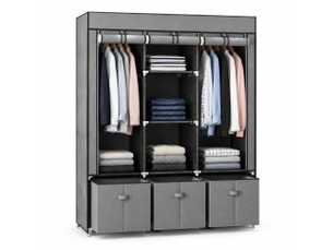 Armoire en tissu pliable avec 2 penderies, 5 étagères, 3 tiroirs et housse zippée, gris foncé, 125 × 43 × 162,5 cm