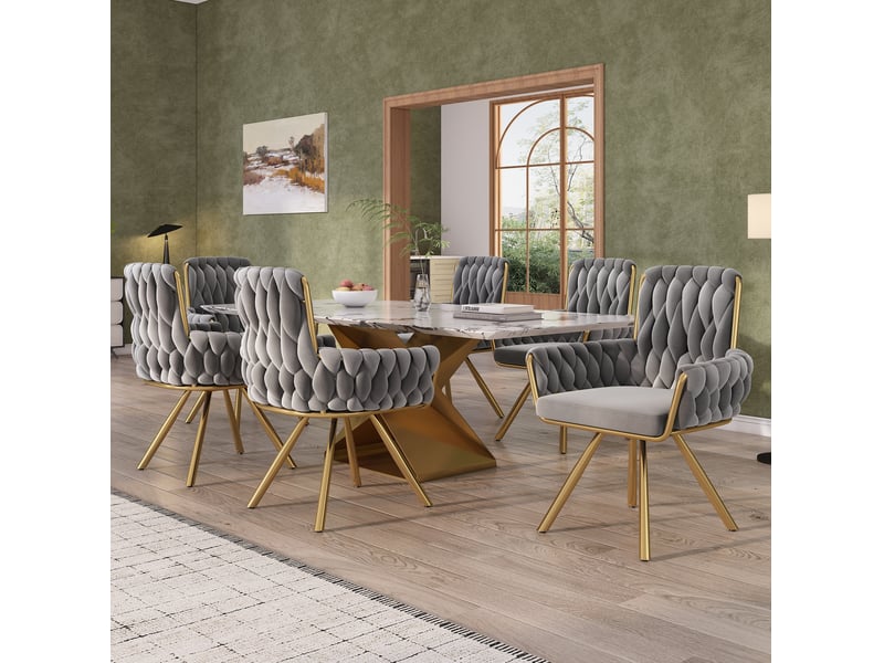  Lot de 4 chaises de salle à manger, 4 pieds métalliques, gris, pivotantes à 360°, dossier haut avec accoudoirs  - Conforama E