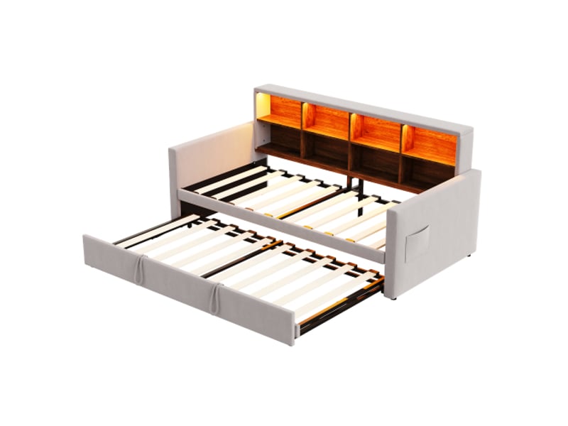 Canapé-lit 90x190 cm avec tête de lit et rangements – led et usb – velours gris clair - Conforama E