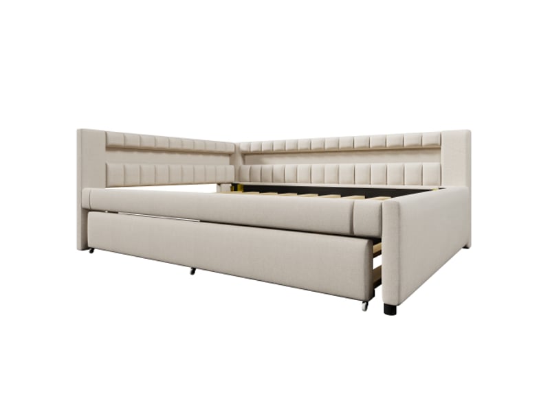  Lit canapé 140x200 cm – 2 en 1 gigogne sans matelas – barre led au pied – télécommande usb-c – lin beige  - Conforama E