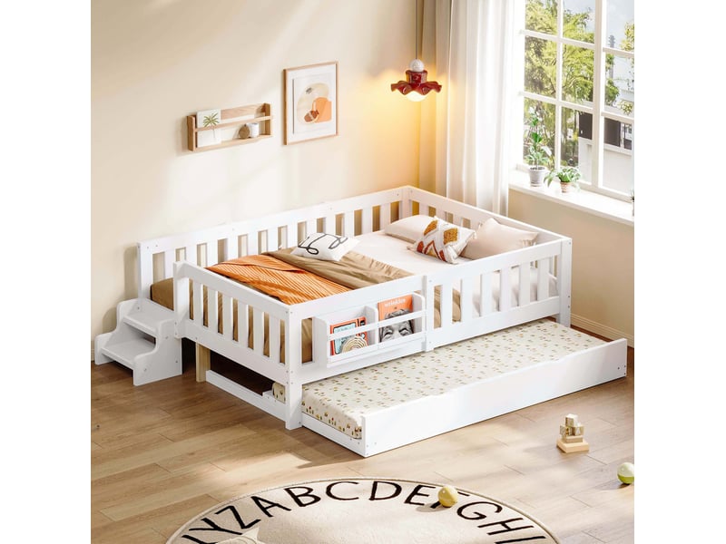 Lit enfant 140 × 200 cm avec lit gigogne, barrières de protection, escalier à deux marches et bibliothèque, blanc - Conforama B