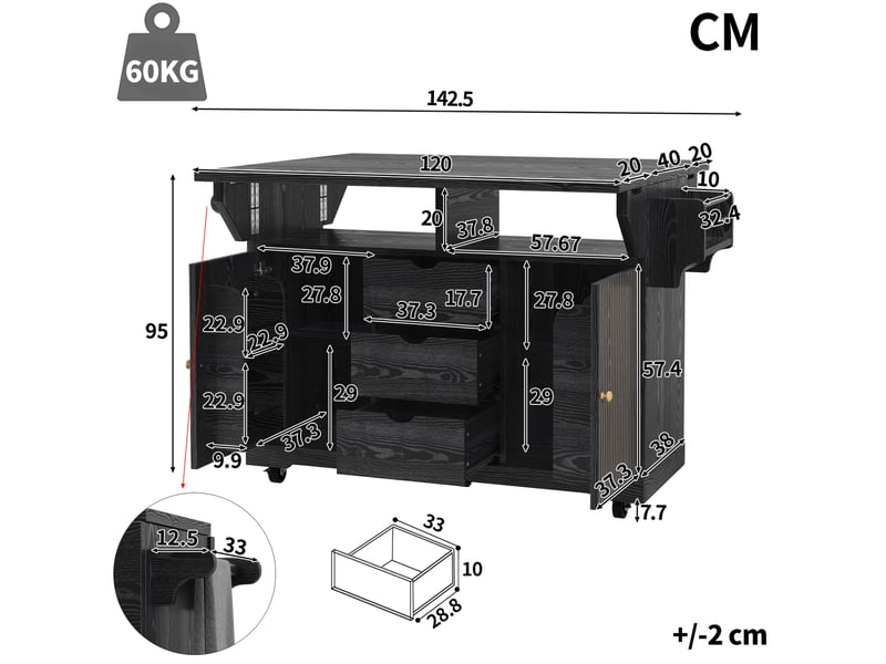 Desserte de cuisine 142,5x80x95 cm extensible mdf noir - Conforama E