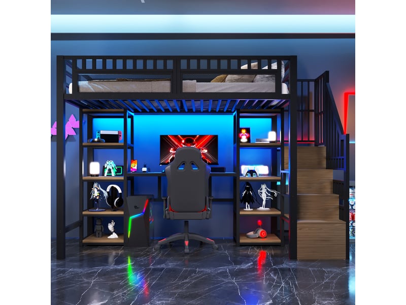  Lit surélevé 90 x 200 cm noir, structure métallique, échelle avec rangement, bureau, led et usb, sans matelas  - Conforama E