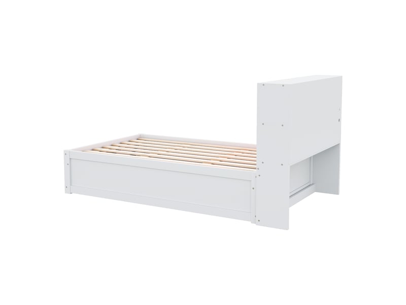  Lit simple 90x200 cm avec led et prise, cadre de lit adulte avec tête de lit de rangement, blanc, lit simple en bois massif  - Conforama B