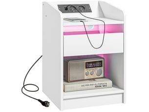 Table de chevet avec éclairage led, tiroir, étagère, station de charge, ports usb et télécommande, 40 x 40 x 58 cm, blanche