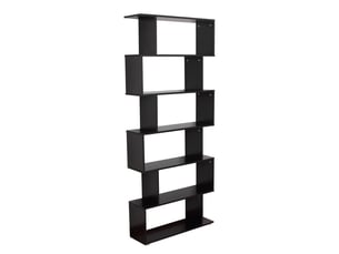 Bibliothèque design murale noire, 6 étagères, zigzag, bois, salonbureau, 80x24x191 cm.