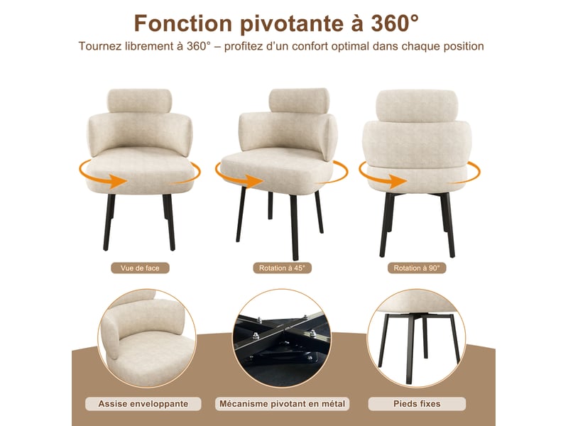 Chaise de salle à manger pivotante 360° 56,5x54x89 cm en chenille blanc crème  - Conforama D