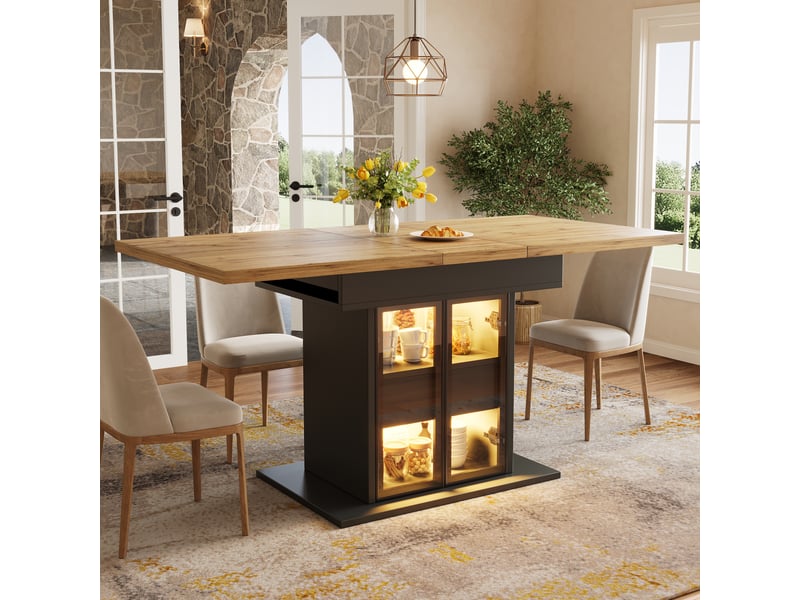  Table à manger extensible 110-140 x 80 cm avec rangement, led rgb via application, 2 tiroirs, portes coulissantes vitrées, structure noire  - Conforama B