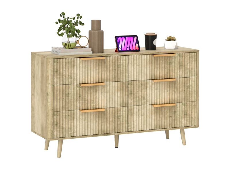  Commode 6 tiroirs scandinave avec poignées et pieds de pin, pour chambre à coucher, salon, couloir, 120x40x76cm, chêne  - Conforama A