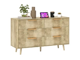 Commode 6 tiroirs scandinave avec poignées et pieds de pin, pour chambre à coucher, salon, couloir, 120x40x76cm, chêne