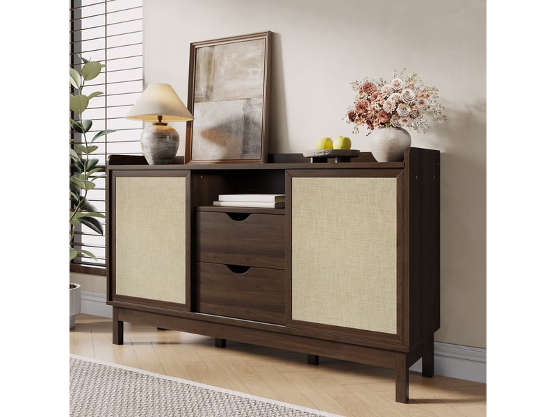  Buffet salle à manger bois naturel 150 cm meuble de rangement avec portes coulissantes et tiroirs  - Conforama D