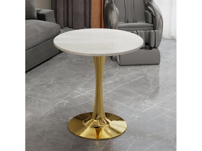  Guéridon rond 70x70x72 cm, 2 places, plateau effet marbre veiné, pied central, marbre artificiel, doré et blanc  - Conforama B