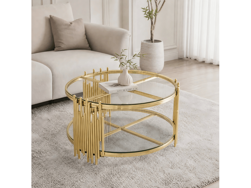  Table basse ronde 80x80x45 cm avec double niveau en métal doré et transparent, design moderne  - Conforama B