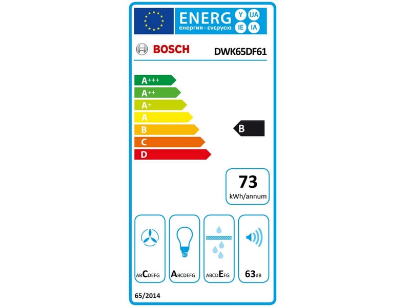  Bosch - bosch. Hotte décorative. 60 cm. Ser4. Noir. 3 niveaux. Evacuationrecyclage. Evac. Air mode normal max mode intensif : 560 m3h. 63 db. Touch select. Led 2x2.5w. Classe énergie b  dwk65df61 - DWK65DF61 - Conforama B