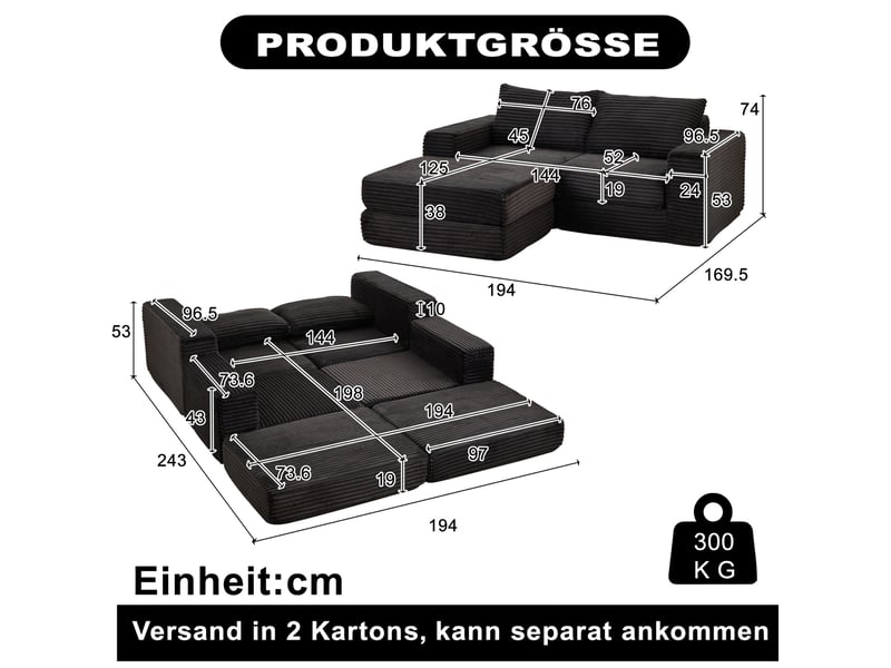  Canapé droit convertible 2 places en velours côtelé noir avec pouf amovible et 2 coussins, modulable au salon  - Conforama C