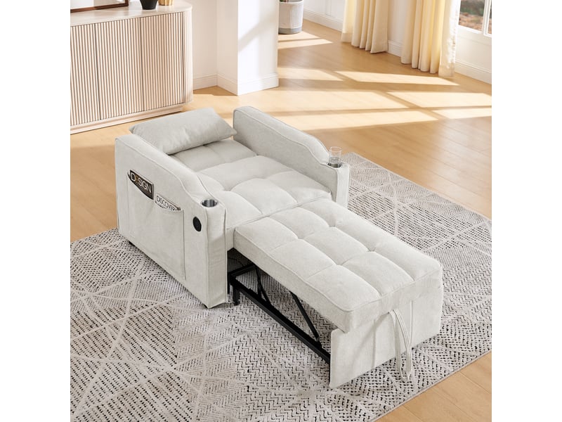  Fauteuil convertible 3-en-1 avec usb-c, porte-gobelet et dossier réglable  - tissu beige 190 cm  - Conforama B