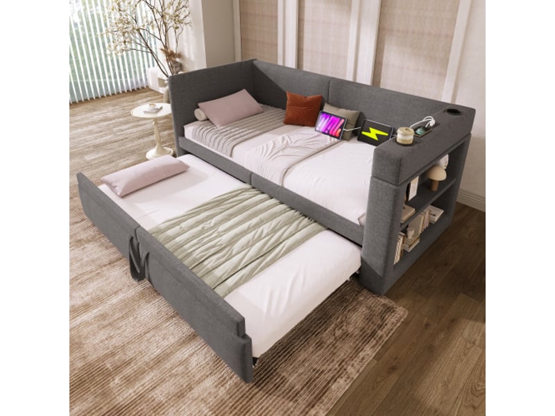 Lit gigogne 90x200 cm, lit enfant avec prise usb et porte-gobelet, tissu en coton et lin, gris, sans matelas - Conforama C
