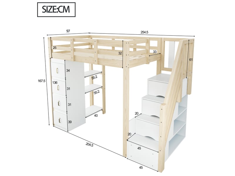  Lit mezzanine enfant 90x200 cm – bois naturel – 4 tiroirs, étagère et échelle avec rangement - sans matelas  - Conforama C