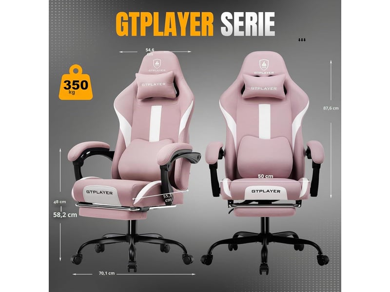  Gtplayer chaise de jeu ergonomique, réglable et pivotante en tissu respirant - rose GT905-PK - Conforama B