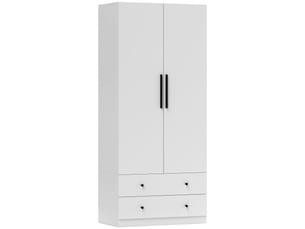 Armoire, 2 portes, penderie, tringle, 2 tiroirs, panneaux de particules, blanc