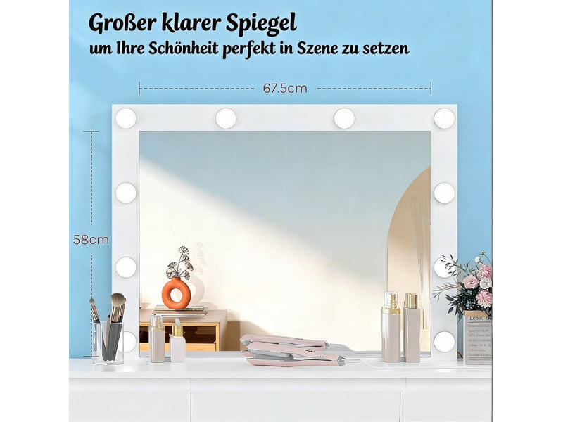  Table de maquillage 110x39,5x140,5 cm avec miroir led et prises bois blanc  - Conforama D