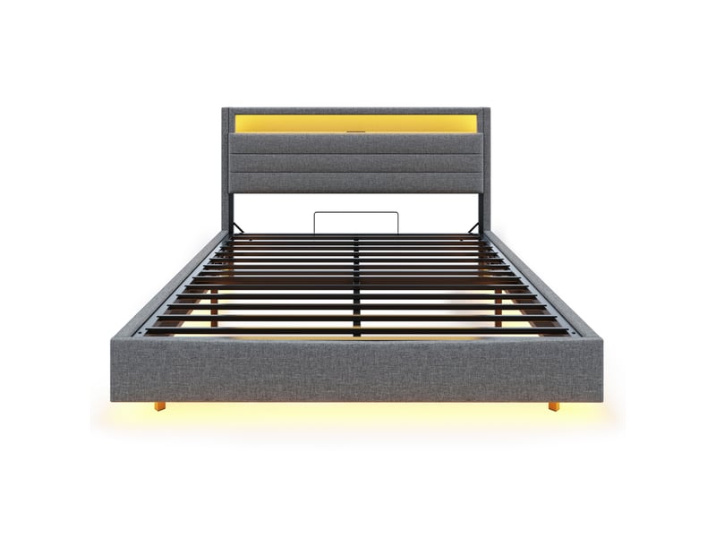  Lit rembourré 160x200 cm, sommier suspendu hydrauliquement avec rangement, lit rembourré multifonctionnel avec prise usb et éclairage led, tête de lit réversible, gris lin  - Conforama E