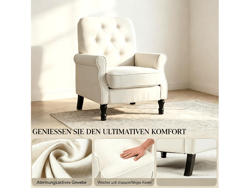  Fauteuil de salon capitonné avec coussin à ressorts ensachés et pieds en bois, en tissu aspect lin crème  - Conforama E