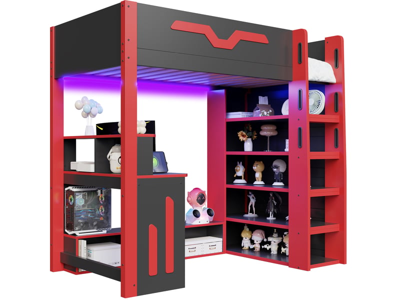  Modenvie lit mezzanine 90x200 cm - avec bureau, rangement à étages, sans matelas - noir  - Conforama A