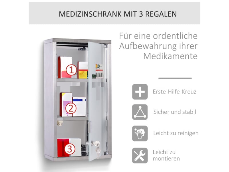 Armoire à pharmacie en acier inoxydable, 3 compartiments, 25x12x48 cm, rangement sécurisé - Conforama D