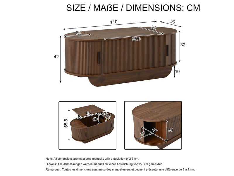 Table basse ovale relevable avec rangement et portes à rideau en mdf, finition noyer  - Conforama E