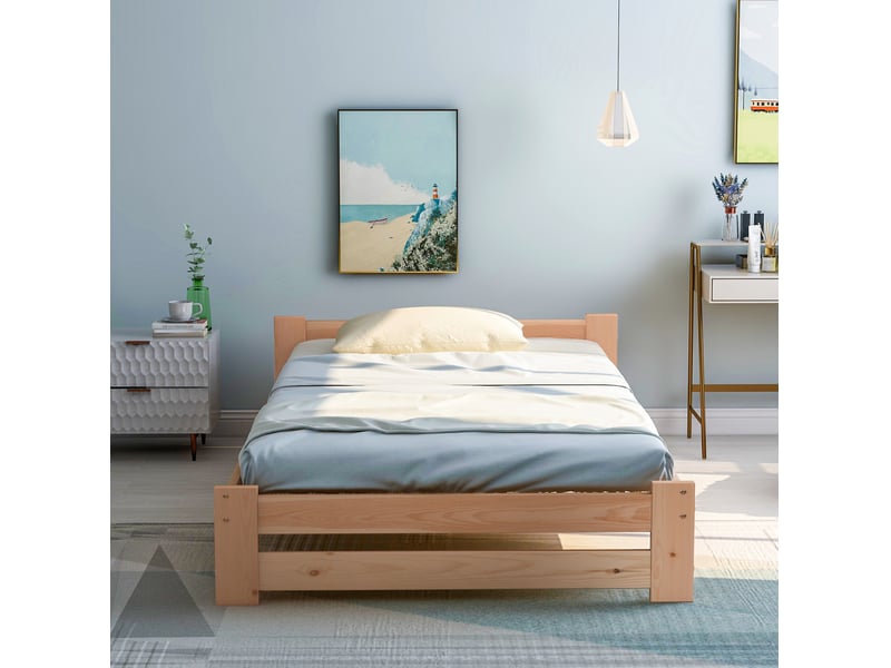  Lit simple 90x200 cm en bois de pin naturel avec tête de lit et sommier à lattes  - Conforama D