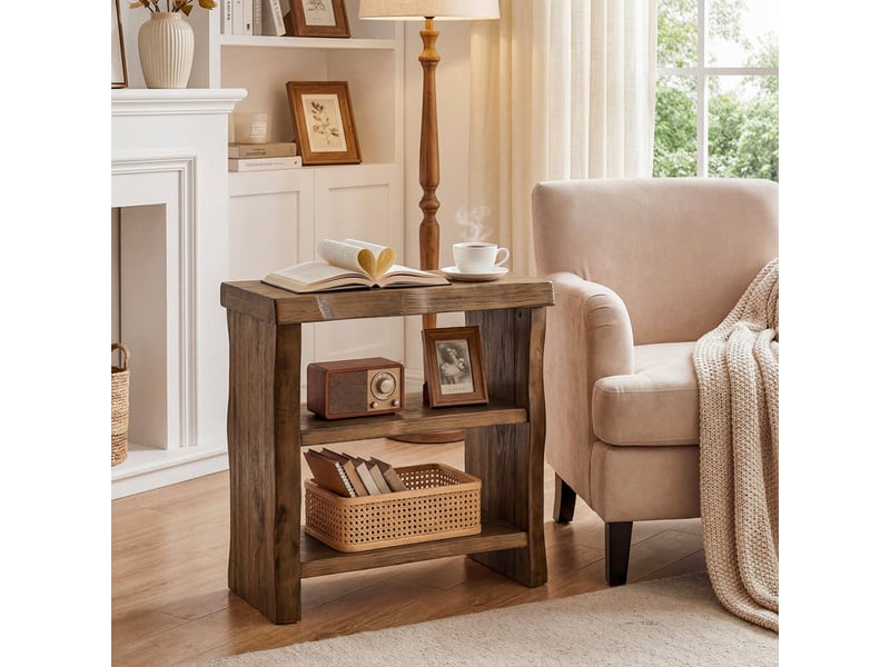 Table d'appoint en bois massif à 3 niveaux, table de canapé compacte avec bord ondulé - Conforama D