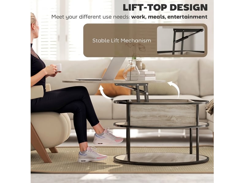  Table basse ronde ulevr à plateau relevable avec rangement ø80 cm, hauteur réglable 47-61,5 cm, mdf chêne et métal  - Conforama E