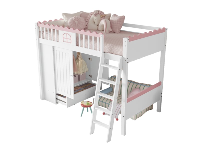  Lit mezzanine 90x200 cm - lit déco avec tiroir et penderie, lumière led télécommandée, structure bois et mdf, sans matelas - blanc  - Conforama A