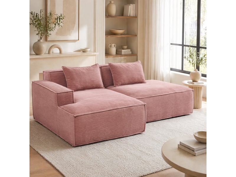 Canapé droit compact avec deux coussins - assise rembourrée en polyester rose bébé 235 cm - Conforama C