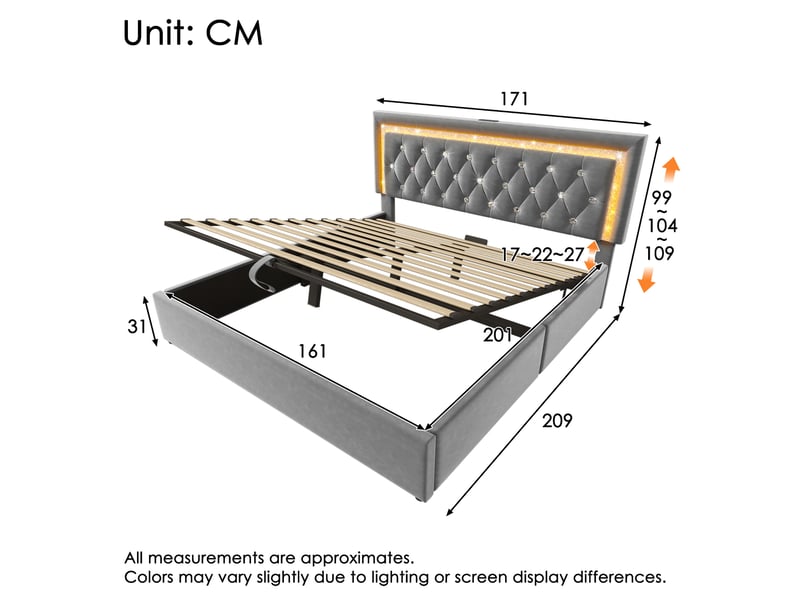  Lit rembourré 160x200 cm en velours avec led, usb type-c, coffre hydraulique et lattes, gris, sans matelas  - Conforama B