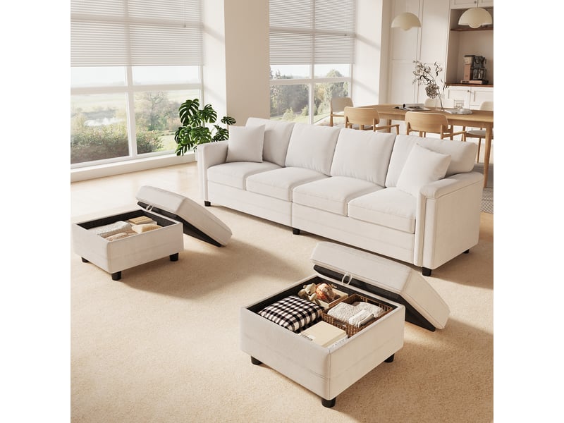  Canapé modulable 261x134x82 cm avec 2 poufs de rangement en chenille beige  - Conforama C