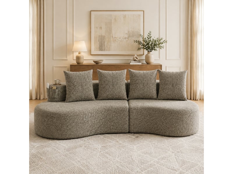  Canapé 4 places en tissu de lin kaki avec 4 coussins, porte-gobelet et poches latérales  - Conforama C