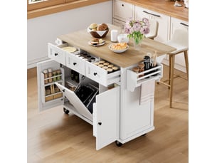 Îlot de cuisine mobile blanc et naturel, 3 portes, 3 tiroirs, plateau extensible et roulettes
