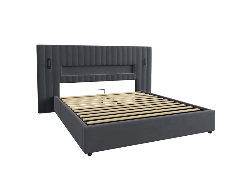  Lit double 180x200 cm, lit coffre avec liseuse, port usb, gris, sans matelas  - Conforama E