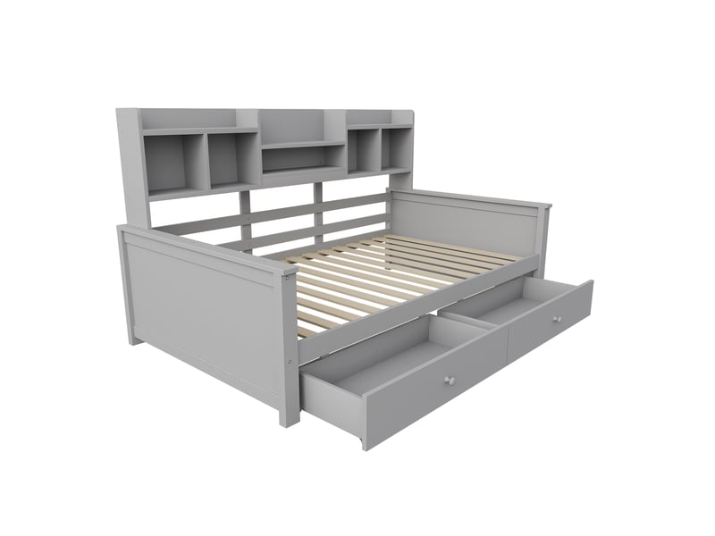  Canapé-lit 90x200 et lit enfant avec tiroirs et étagères, lit simple en bois massif gris, sommier à lattes inclus pour chambre.  - Conforama D